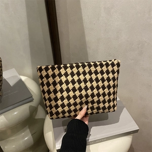 Large capacity woven checkerboard makeup bag in dark coffee and beige jacquard design