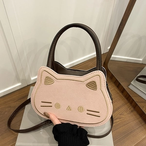Rosa Katzen-Handtasche aus Wildleder mit Stickerei, Kunstledergriffen und Umhängeriemen