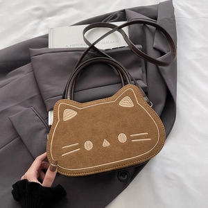 Süße braune Katzenhandtasche mit Stickerei aus Wildlederimitat mit Griff und Schultergurt