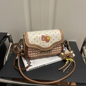 Sweet Women PU Leather Shoulder Bag Cute Apple Polka Dot Grid Patchwork Flap Crossbody Bag With Bear Pendant Daily Bag