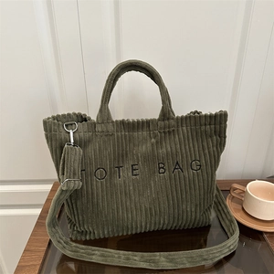 Women Large Capacity Corduroy Tote Bag With Letter Embroidery Retro Minimalist Shoulder Crossbody Bag For Casual Commuting