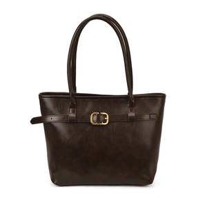 Large dark brown tote bag in glossy leather with gold buckle detail and long straps