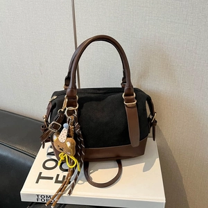 Retro boston pillow bag in black matte faux suede and brown leather with bear charm