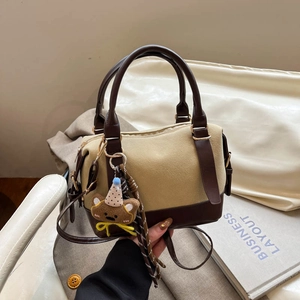 Retro Boston pillow bag with contrast faux leather trim and cute bear keychain charm