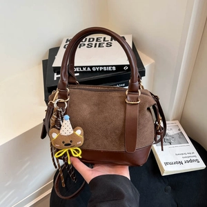Retro brown suede Boston bag with leather patchwork and cute bear pendant