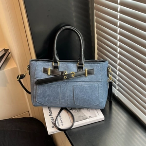 Women Denim PU Leather Shoulder Bag Large Capacity Crossbody Handbag With Front Pockets Retro Urban Style Tote For Daily