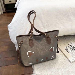 Minimalist grey cat tote bag with large capacity and soft PU leather for daily use