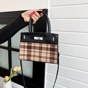 Women Patchwork Plaid Tweed PU Leather Shoulder Bag Vintage Contrast Color Crossbody Handbag With Metal Turn-lock Handle Top