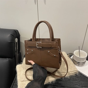 Women Retro PU Leather Shoulder Bag With Rivet Belt Buckle Large Capacity Tote Crossbody Handbag For Office Commuter