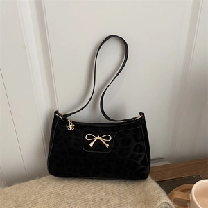 Women Leopard Print Underarm Bag With Gold Metal Bow Flower Charm Vintage Faux Suede Single Shoulder Bag For Daily Commuter