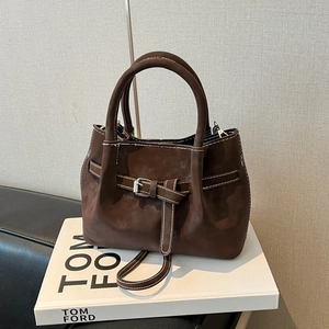 Women Korean Style PU Leather Shoulder Bag Casual Pleated Crossbody Bag With Belt Decoration Contrast Stitching Daily Handbag