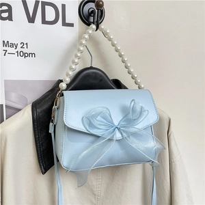 Women Artificial Pearl Handle Bow Shoulder Bag PU Leather Crossbody Handbag For Commute Fashion Sweet Square Purse For Party