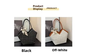 Vue détaillée de grands sacs cabas en tweed noir et beige avec un élégant foulard en soie
