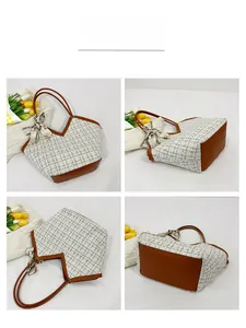 Vues multi-angles d'un sac cabas en tweed avec garniture en cuir et détail foulard en soie