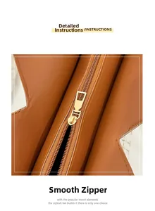 Détail de la fermeture éclair dorée sur le sac cabas en similicuir marron