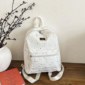 Chic beige backpack with silver star patterns and spacious compartments for daily commute