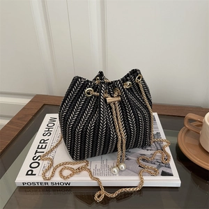 Bolso Bombonera Tejido para Mujer con Estampado de Espiga Cadena Dorada y Perlas Artificiales de Imitación Bandoulière con Cordón Bolso de Mano Elegante