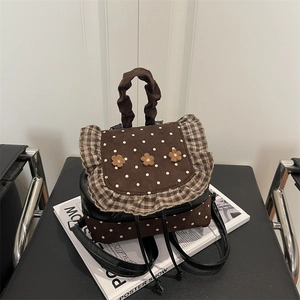 Women Mini Polka Dot Backpack Sweet 3D Floral Ruffle Patchwork Small Daypack Retro PU Leather Fabric Shoulder Bag Gift