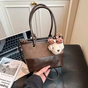 Women's Faux Suede PU Leather Splicing Bucket Bag With Plush Bear Charm Retro Minimalist Shoulder Crossbody Handbag