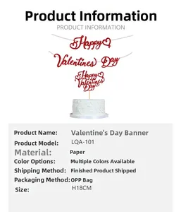 Close-up of red glitter Happy Valentines Day banner and cake topper set dimensions