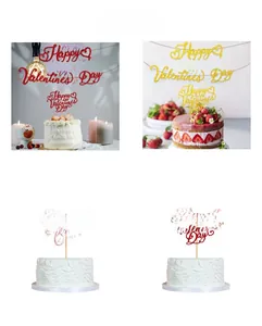Glittery Happy Valentine's Day cake toppers and banners in red, gold, and pink colors