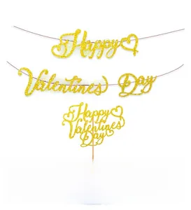 Glittering gold Happy Valentine's Day banner set with matching cake topper decorations
