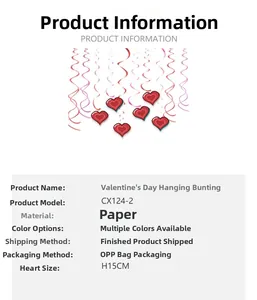 Detailed size chart for Valentine spiral heart pendant hanging party decorations