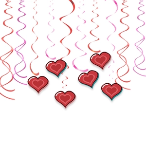 Close-up of red and pink metallic hanging swirls with 3D heart-shaped paper cutouts