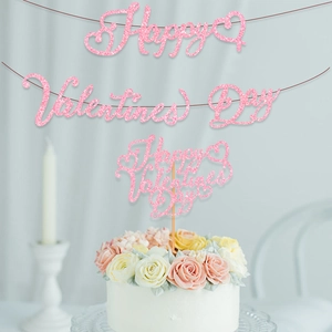 Pink glitter Happy Valentines Day banner and cake topper set for party decoration