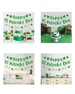Green glitter St. Patrick's Day banner with clover ornaments in diverse party settings