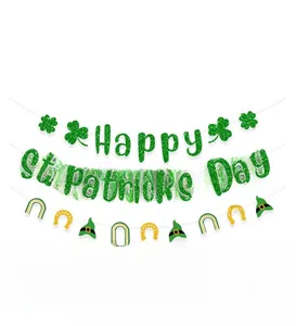 Glittery Happy St Patricks Day banner with clover, rainbow, and horseshoe hanging charms