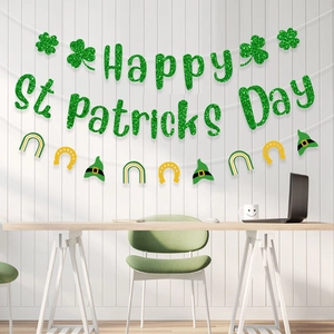 Glittery St. Patrick's Day shamrock banner and Lucky party decorations for wall hanging