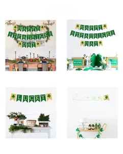 Detailed views of festive St. Patrick's Day banners with green shamrock and gold glitter