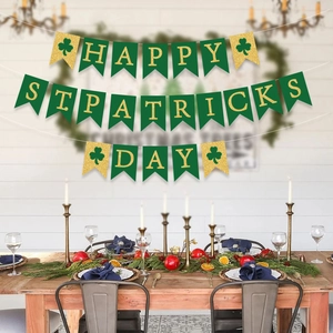 Green Gold Glitter St Patricks Day Lucky Shamrock Swallowtail Banner For Birthday Holiday Party Home Decoration Paper Garland