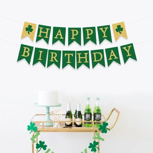 St. Patrick's Day Happy Birthday banner with green shamrocks for festive party decor