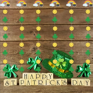 St. Patrick's Day decorations with green clover banners and rainbow gold pot hangings