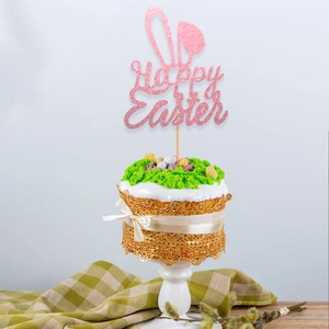 Glitter Paper Easter Cake Topper Rabbit Ear Happy Easter Letter Cake Decoration For Festive Party Birthday Dessert Decor