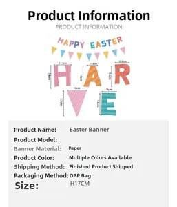 Detailed dimension chart for Happy Easter paper bunting banner with 17cm letter height