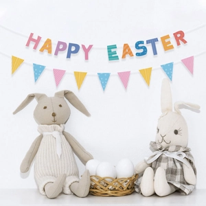 Colorful Happy Easter letter banner and triangular bunting flag indoor festive decoration