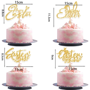 Golden glitter Easter bunny cake toppers set with Happy Easter and egg hunt designs