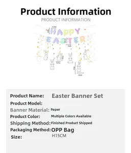 Detail showing Happy Easter paper banner dimensions and colorful bunny party decorations