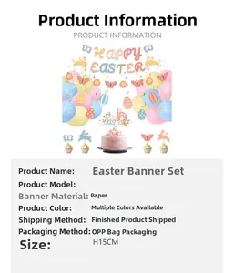 Detailed view of Happy Easter banner kit with balloons and cake toppers in 15cm size