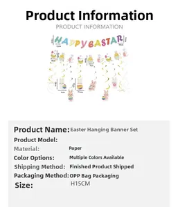 Detailed size specifications for Easter bunny banner and colorful spiral hanging decorations