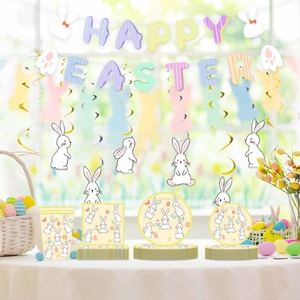 Easter party decoration set with Happy Easter banner bunny plates and yellow accessories