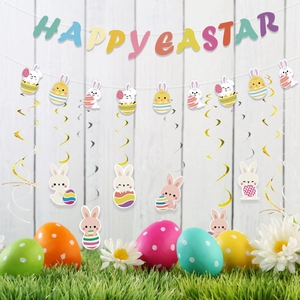 Easter decoration set with Happy Easter banner bunny chick swirls and egg ornaments