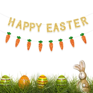 Glittery Happy Easter banner and carrot garland set with festive party decorations