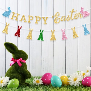 Happy Easter party set with gold glitter banner, colorful bunnies and green flocking rabbit