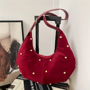 Women Vintage Faux Suede Studded Hobo Bag Crescent Shoulder Crossbody Bag With Gold Rivets Retro Versatile Commuter Fashion Handbag