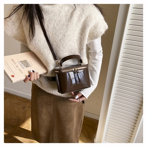 Brown patent leather mini vanity case bag held by model in natural sunlight scene