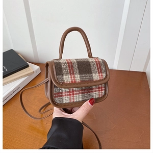 Mini plaid crossbody bag with brown leather trim and top handle held by a hand